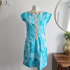 NWT Juana Blue Turquoise Cap Sleeve Crew Neck Floral Dress Matching Belt Size S